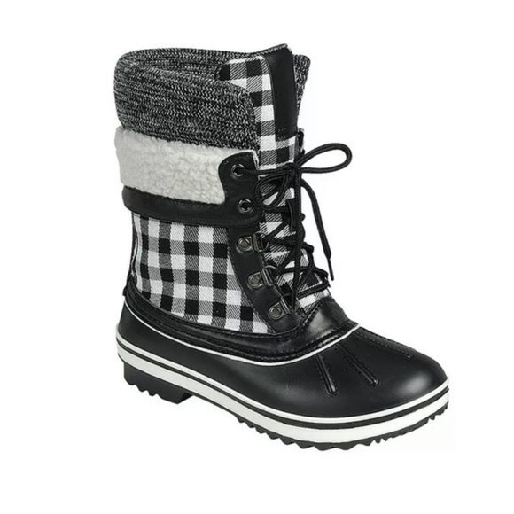 Black Buffalo Plaid Sherpa Winter Duck Ankle Boots - Picture 2 of 2